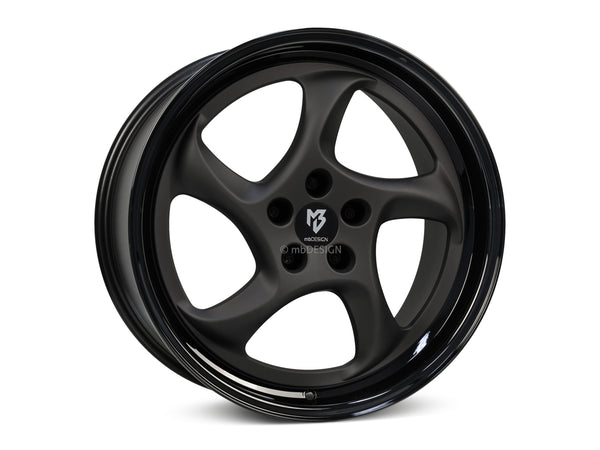 MbDESIGN TURBO 9.5x19 ET 40 5x112 Stern Schwarz stumpfmatt gepulvert Bett Glanzschwarz lackiert